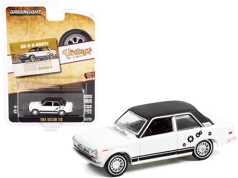 Diecast Model Cars wholesale toys dropshipper drop shipping 1969 Datsun 510 White Black with Graphics GR-R-R-ROOVY The World's Best $2000 Car. It Goes Wild! Vintage Ad Cars Series 6 1/64 Greenlight 39090 A drop shipping wholesale drop ship drop shipp 1969 Datsun 510 Diecast Model Car 1/64 - Vintage Ad Series 6 by Greenlight