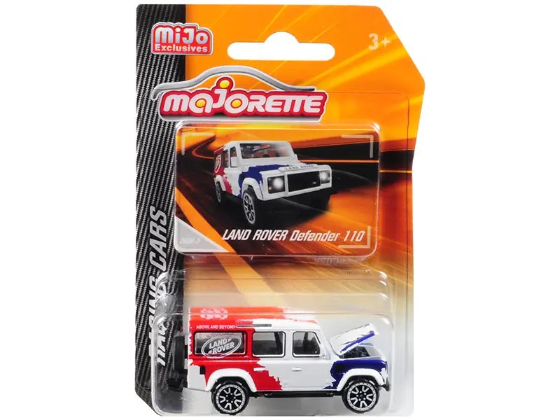 Majorette Land Rover Defender 110 Diecast Model 1/60 – White/Red/Blue Racing Car