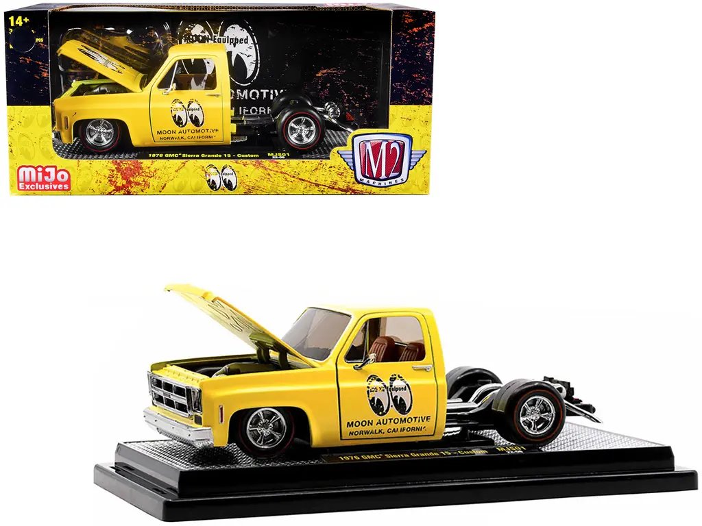 Limited Edition 1976 GMC Sierra Grande 15 Yellow Mooneyes Diecast Model by M2 Machines – 1/24 Scale