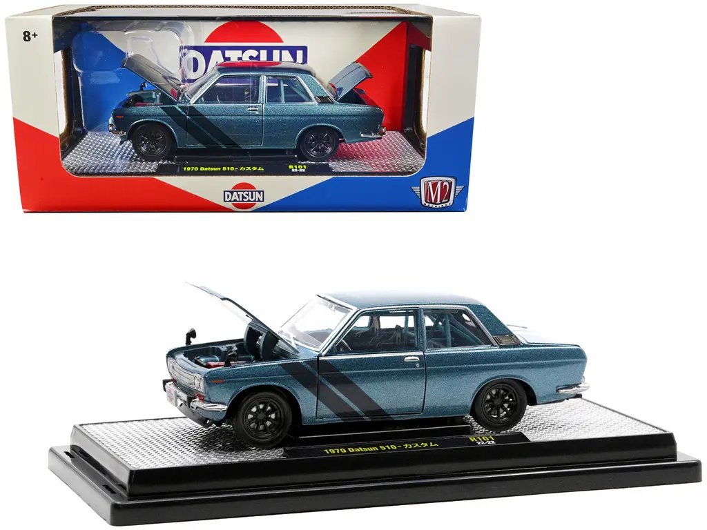 Limited Edition 1970 Datsun 510 Diecast Model – Blue Metallic with Dark Blue Stripes by M2 Machines