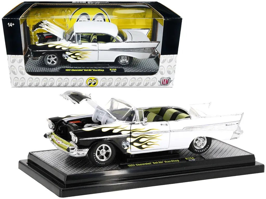 Limited Edition 1957 Chevrolet Bel Air Hardtop Diecast Model – Bright White with Flames by M2 Machines