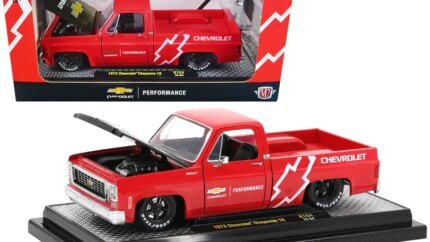 Limited Edition 1973 Chevrolet Cheyenne 10 Diecast Model - Bright Red & Black Hood by M2 Machines