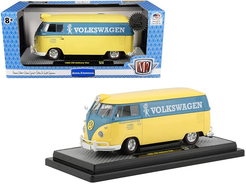 Diecast Model Cars wholesale toys dropshipper drop shipping 1960 Volkswagen Delivery Van Yukon Yellow Dove Blue Stripe Volkswagenwerk GMBH Limited Edition 5880 pieces Worldwide 1/24 M2 Machines 40300-76 B drop shipping wholesale drop ship drop shippe Limited Edition 1960 Volkswagen Delivery Van Diecast Model - Yukon Yellow & Blue Stripe by M2 Machines