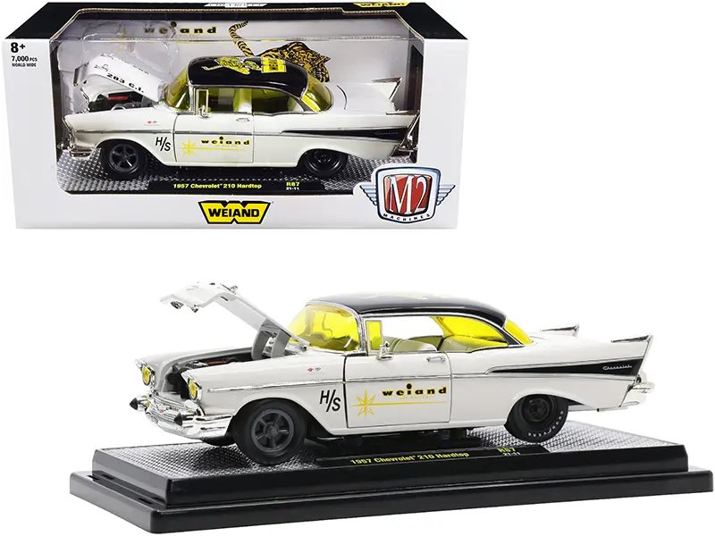 1957 Chevrolet 210 Hardtop “Weiand” Colonial Cream and Black with Graphics Limited Edition to 7000 pieces Worldwide 1/24 Diecast Model Car by M2 Machines