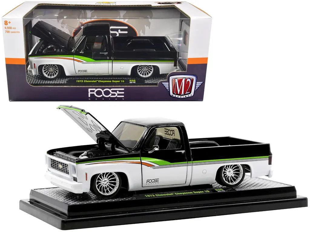 Diecast Model Cars wholesale toys dropshipper drop shipping 1973 Chevrolet Cheyenne Super 10 Pickup Truck Black Bright White Stripes FOOSE Design Limited Edition 6550 pieces Worldwide 1/24 M2 Machines 40300-96B drop shipping wholesale drop ship drop Limited Edition 1973 Chevrolet Cheyenne Super 10 Pickup Diecast Model by FOOSE Design - 1/24 Scale