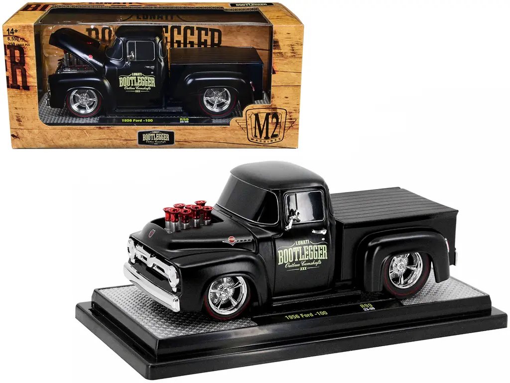 Limited Edition 1956 Ford F-100 Matt Black Diecast Model – Lunati Bootlegger by M2 Machines