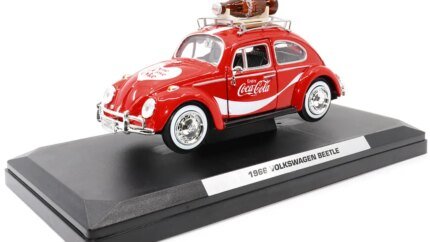 1966 Volkswagen Beetle 'Enjoy Coca-Cola' Red Diecast Model 1/24 with Roof Rack by Motor City Classics