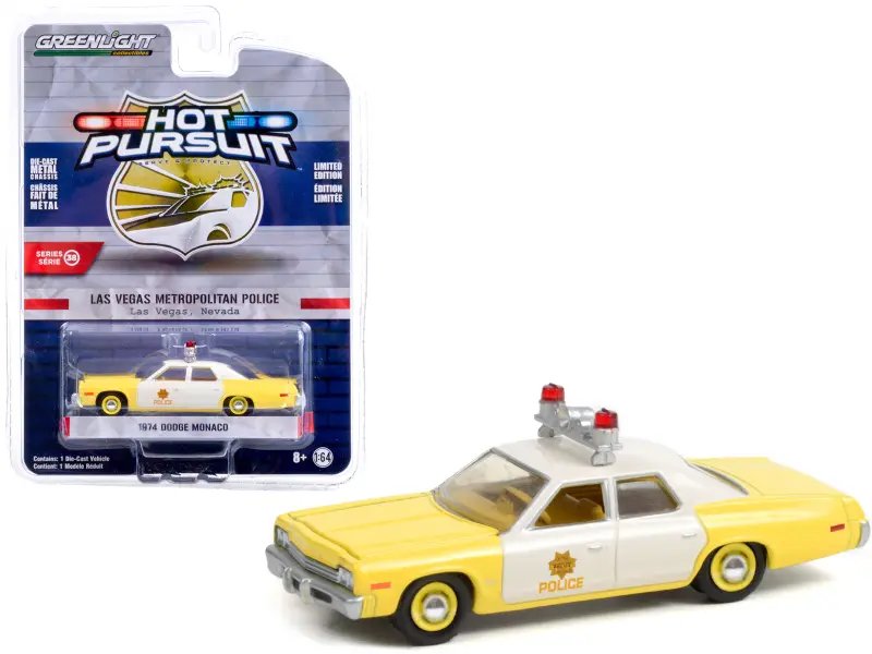 1974 Dodge Monaco Yellow and White “Las Vegas Metropolitan Police Department” (Nevada) “Hot Pursuit” Series 38 1/64 Diecast Model Car by Greenlight