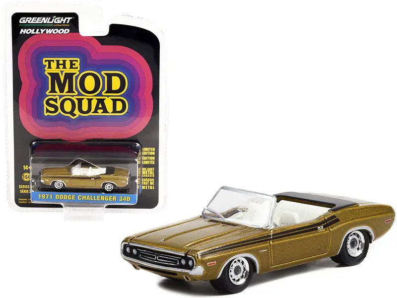 1971 Dodge Challenger 340 Convertible Gold Metallic Diecast – The Mod Squad Hollywood Series 1/64 by Greenlight