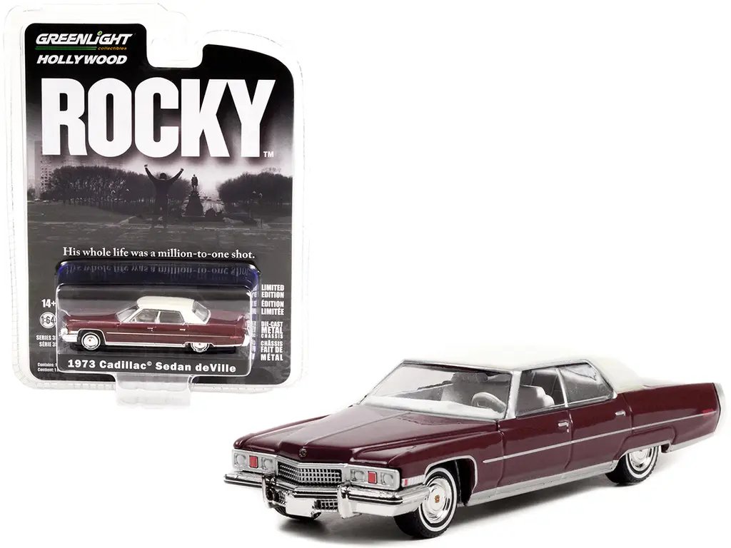 1973 Cadillac Sedan DeVille Diecast – Burgundy & White, Rocky Movie Hollywood Series 1/64 by Greenlight