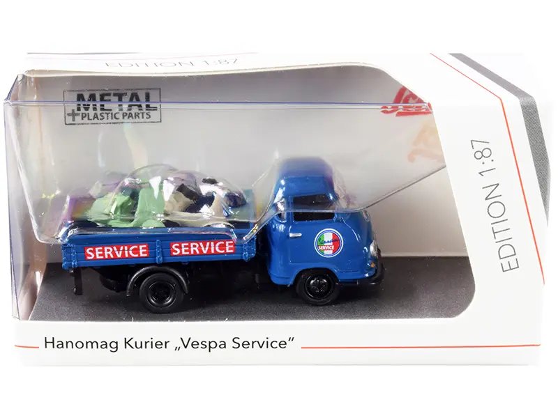 Hanomag Kurier Vespa Service Diecast Model 1/87 by Schuco – Blue Transporter with Green & Cream Vespas