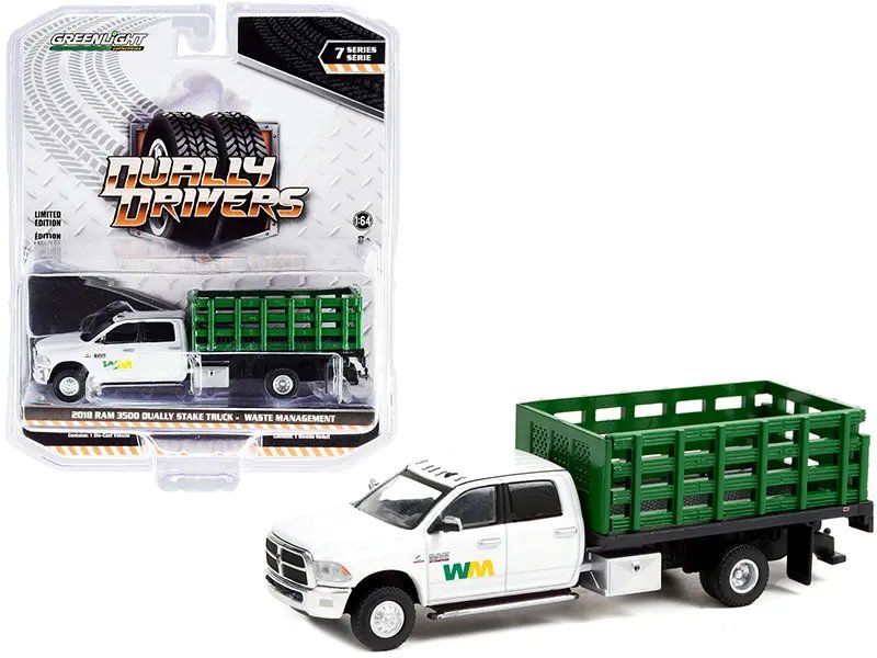 2018 RAM 3500 Dually Stake Truck Diecast Model – Greenlight Series 7 Waste Management 1/64