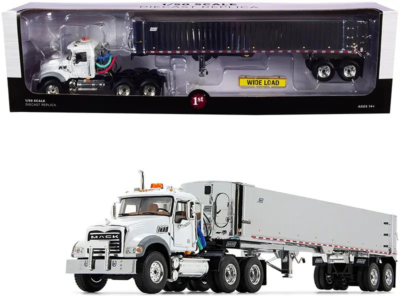 Premium Mack Granite MP Tandem-Axle Day Cab with East Genesis End Dump Trailer 1/50 Diecast Model