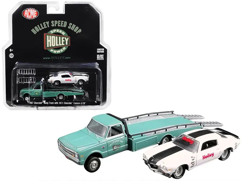1967 Chevrolet Ramp Truck Turquoise and 1971 Chevrolet Camaro Z/28 White with Black Stripe “Holley Speed Shop” “Acme Exclusive” 1/64 Diecast Model Cars by Greenlight for Acme