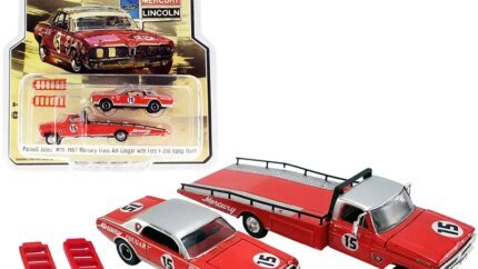 Exclusive 1/64 Diecast Ford F-350 Ramp Truck & 1967 Mercury Cougar #15 by Greenlight