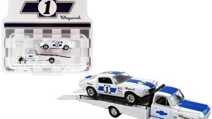 1967 Chevrolet C-30 Ramp Truck with 1970 Chevrolet Trans Am Camaro #1 White with Blue Stripes "Chaparral" "Acme Exclusive" 1/64 Diecast Model Cars by Greenlight for ACME