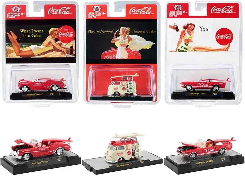 Limited Edition Coca-Cola Bathing Beauties Diecast Cars Set with Surfboards - 1/64 M2 Machines 3 Limited Edition Coca-Cola Bathing Beauties Diecast Cars Set with Surfboards - 1/64 M2 Machines - Image 3