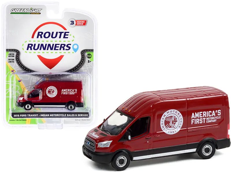 2015 Ford Transit LWB High Roof Van Burgundy “Indian Motorcycle Sales & Service” “Route Runners” Series 3 1/64 Diecast Model by Greenlight