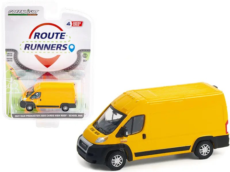 2021 Ram ProMaster 2500 Cargo High Roof Van School Bus Yellow “Route Runners” Series 4 1/64 Diecast Model Car by Greenlight