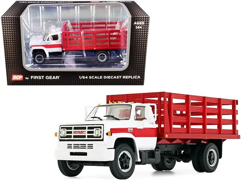 Authentic GMC 6500 Stake Truck 1/64 Diecast Model – White & Red by DCP/First Gear