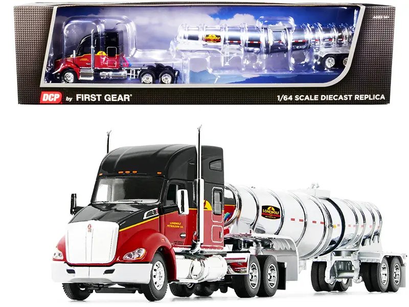 Kenworth T680 76″ Mid-Roof Sleeper Cab Black and Red and Chrome Polar Deep Drop Tanker “Lonewolf Petrolum Co.” 1/64 Diecast Model by DCP/First Gear