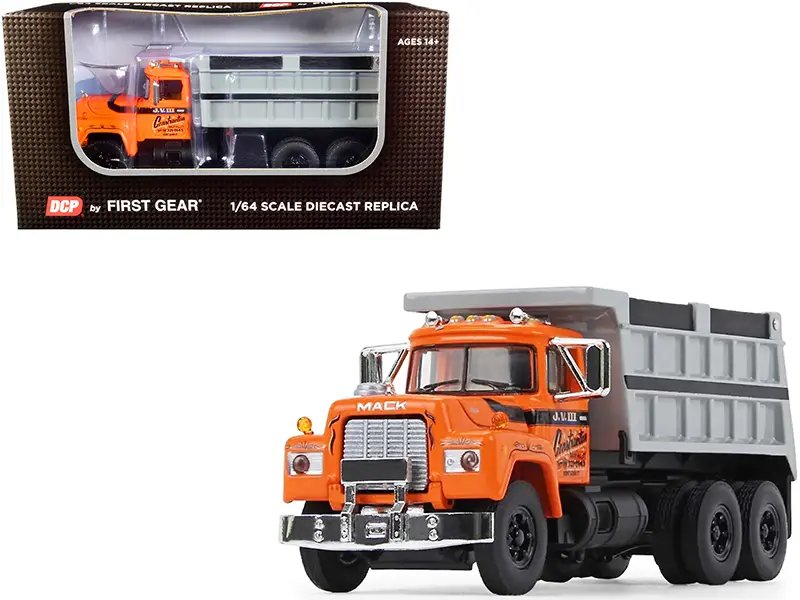 Mack R Model Tandem Axle Dump Truck “J.V. III Construction” Orange and Gray 1/64 Diecast Model by DCP/First Gear