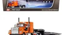 Mack Super-Liner 60" Sleeper Cab Truck with Talbert 5553TA Tri-Axle Trailer Orange and Black 1/64 Diecast Model by DCP/First Gear