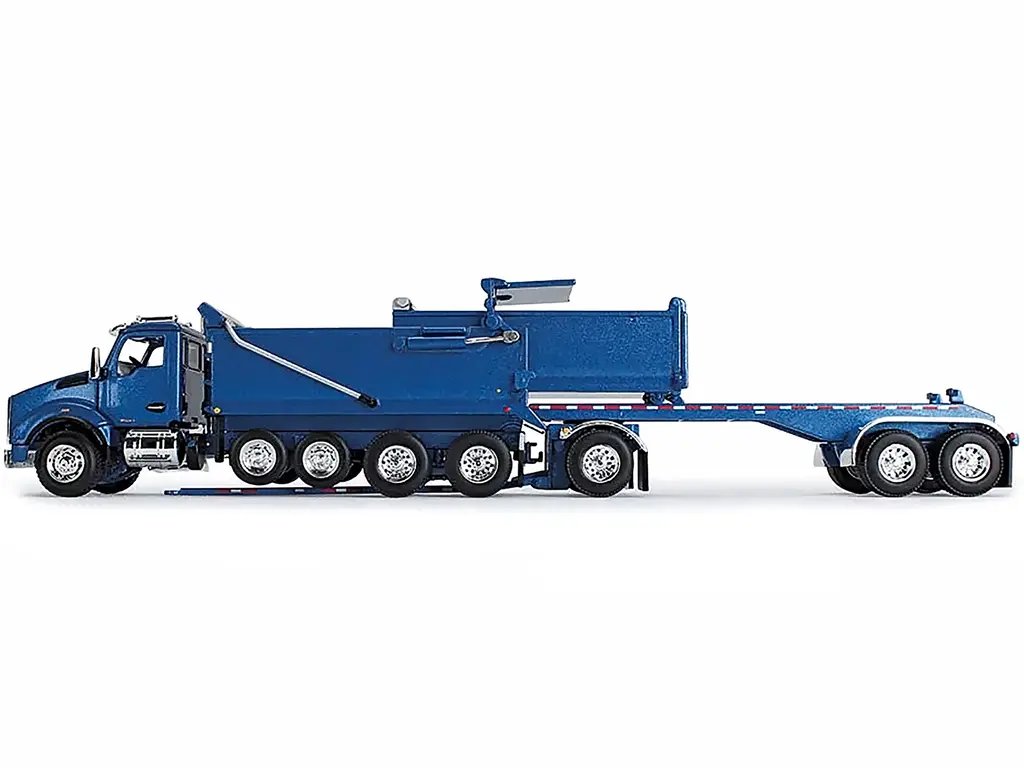 Kenworth T880 Quad-Axle Dump Truck & Rogue Tandem Trailer 1/64 Diecast Model – Surf Blue Metallic by DCP/First Gear