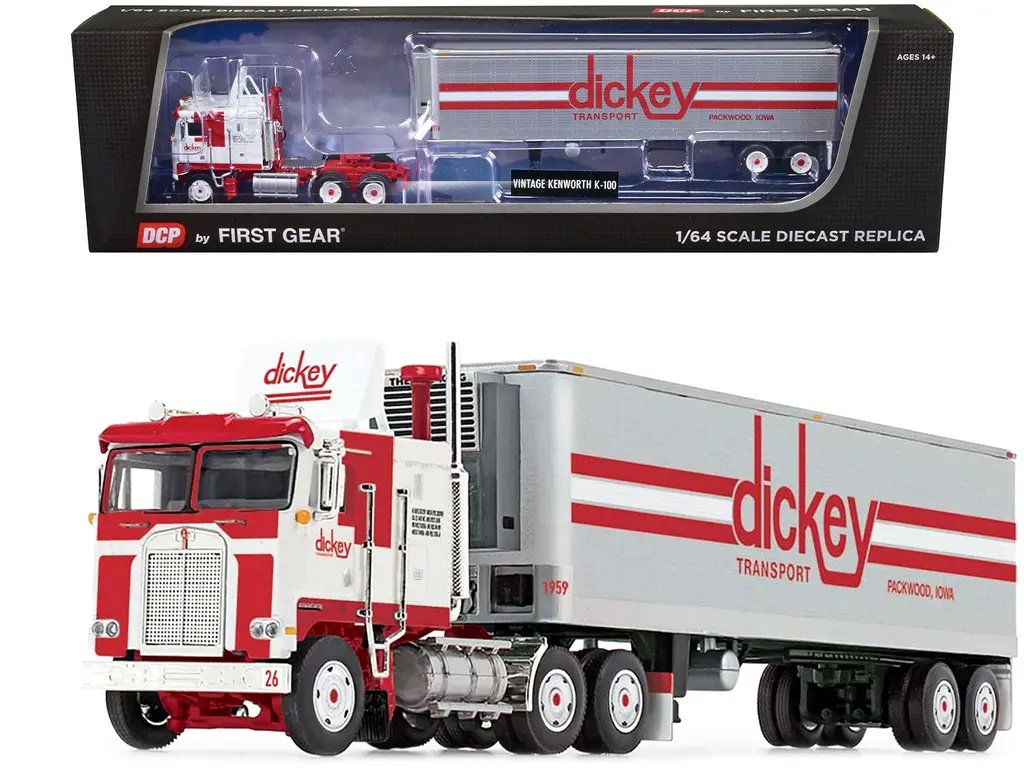 Kenworth K100 COE 1/64 Diecast Model with Vintage Refrigerated Trailer by DCP/First Gear