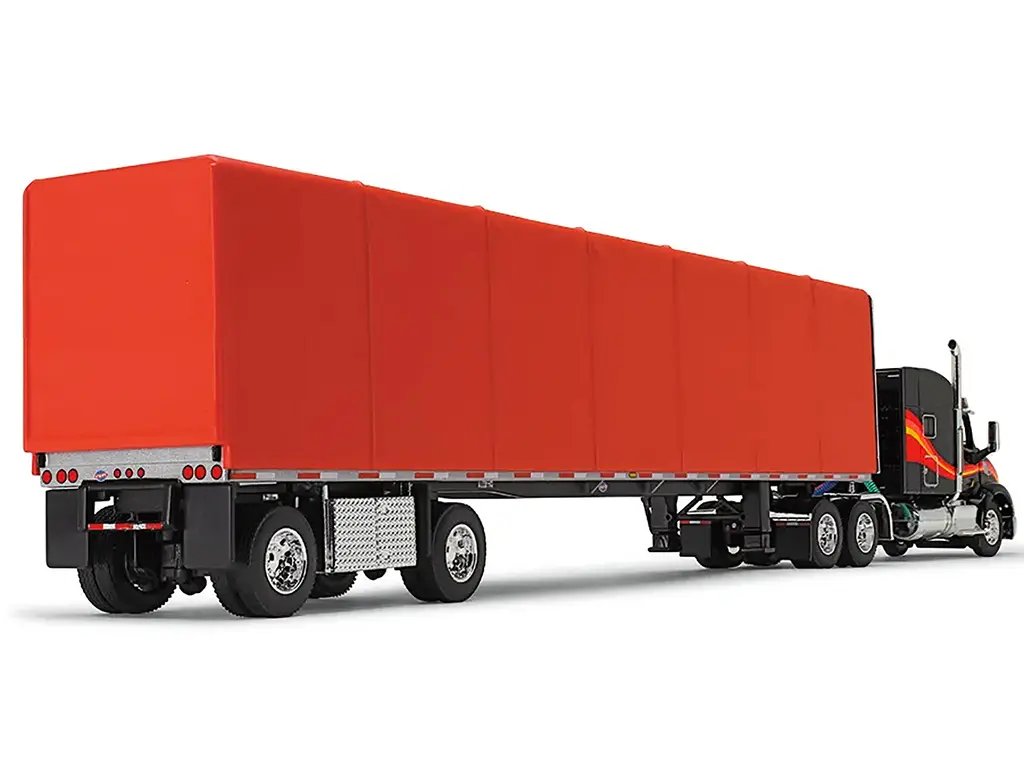 Peterbilt 579 1/64 Diecast Model with 53′ Utility RollTarp Trailer – Black & Red by DCP/First Gear