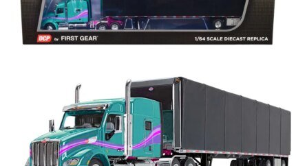 Peterbilt 579 1/64 Diecast Model with 53' Utility RollTarp Trailer - Teal, Black & Purple Stripes by DCP/First Gear