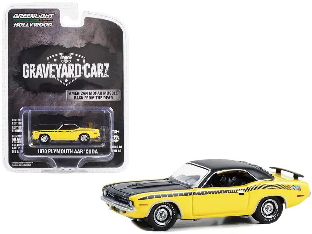 Diecast Model Cars wholesale toys dropshipper drop shipping 1970 Plymouth AAR Barracuda Yellow with Black Stripes and Top Graveyard Carz 2012 Current TV Series Hollywood Series Release 40 1/64 Greenlight 62010D drop shipping wholesale drop ship drop 1970 Plymouth AAR Barracuda Diecast Model - Yellow & Black, Hollywood Series by Greenlight