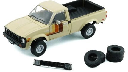 1980 Toyota Hilux Pickup Truck 1/64 Diecast Model - Ivory with Stripes & Extra Wheels by BM Creations