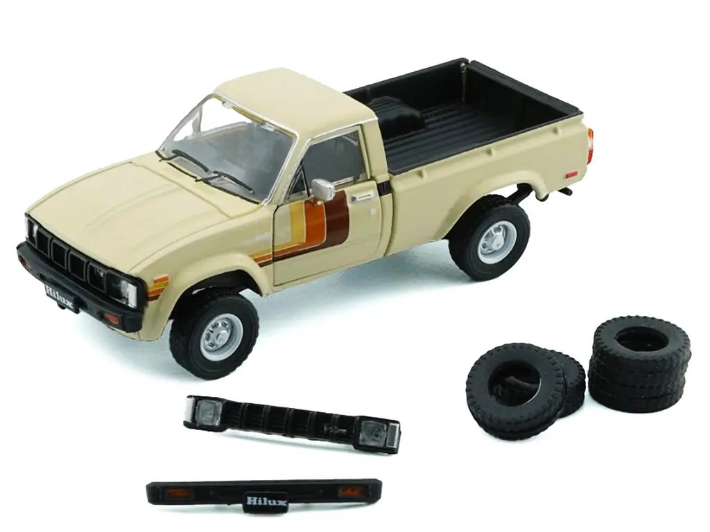 1980 Toyota Hilux Pickup Truck 1/64 Diecast Model – Ivory with Stripes & Extra Wheels by BM Creations
