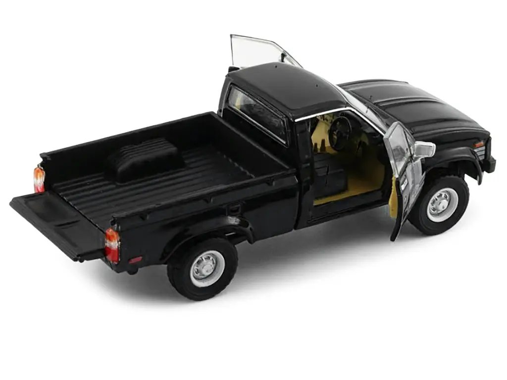 1980 Toyota Hilux Pickup Truck 1/64 Diecast Model – Black with Stripes & Extra Wheels by BM Creations