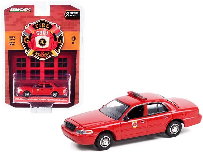 2001 Ford Crown Victoria Interceptor Red “Baltimore City Fire Department” (Maryland) “Fire & Rescue” Series 2 1/64 Diecast Model Car by Greenlight