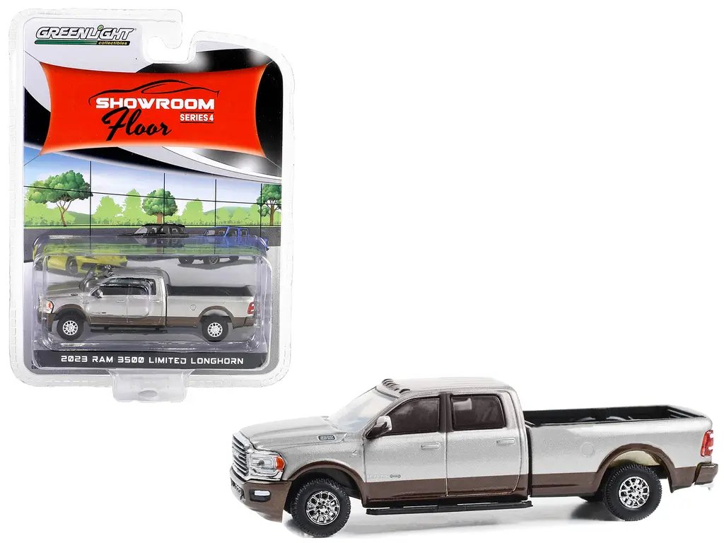 Diecast Model Cars wholesale toys dropshipper drop shipping 2023 Ram 3500 Limited Longhorn Pickup Truck Billet Silver Metallic and Walnut Brown Metallic Showroom Floor Series 4 1/64 Greenlight 68040F drop shipping wholesale drop ship drop shipper dro 2023 Ram 3500 Limited Longhorn Diecast Model 1/64 by Greenlight - Billet Silver & Walnut Brown
