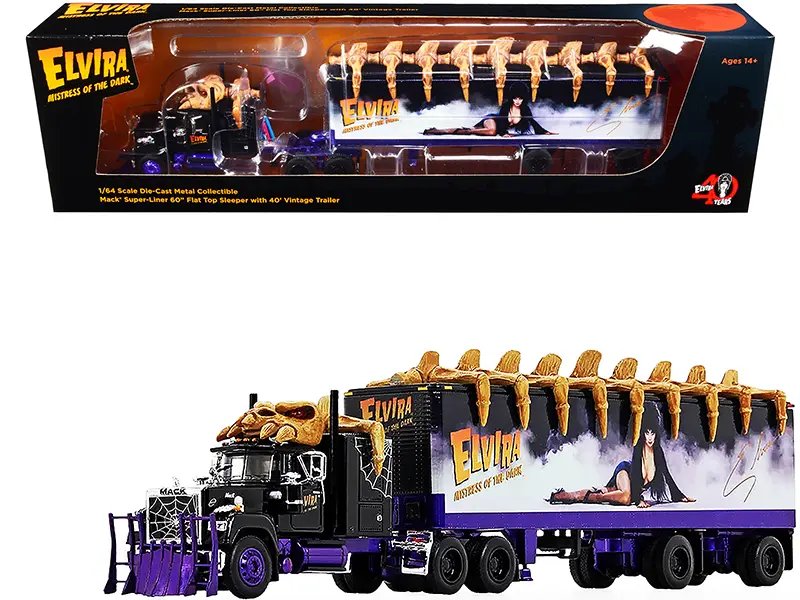 Mack Super-Liner 60″ Flat Top Sleeper Cab with Vintage 40′ Dry Goods Trailer “Elvira Mistress of the Dark” 40 Years TV Show Anniversary (1981-2021) 1/64 Diecast Model by DCP/First Gear