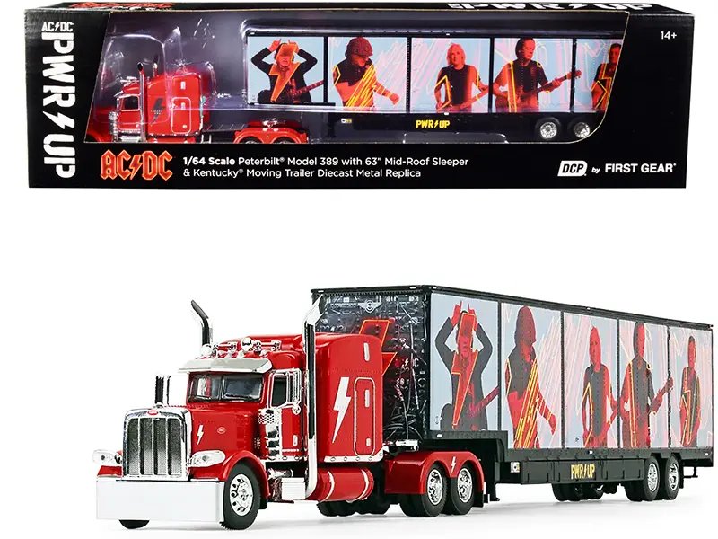 Peterbilt 389 63″ Mid-Roof Sleeper Cab Viper Red with Kentucky Moving Trailer “AC/DC Power Up” 1/64 Diecast Model by DCP/First Gear