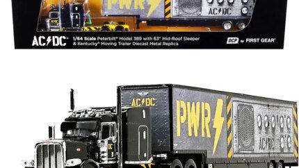 Peterbilt 389 63" Mid-Roof Sleeper Cab with Kentucky Moving Trailer "AC/DC Power Up" Black 1/64 Diecast Model by DCP/First Gear