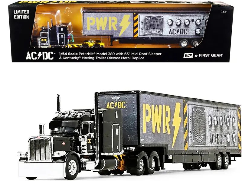 Peterbilt 389 63″ Mid-Roof Sleeper Cab with Kentucky Moving Trailer “AC/DC Power Up” Black 1/64 Diecast Model by DCP/First Gear