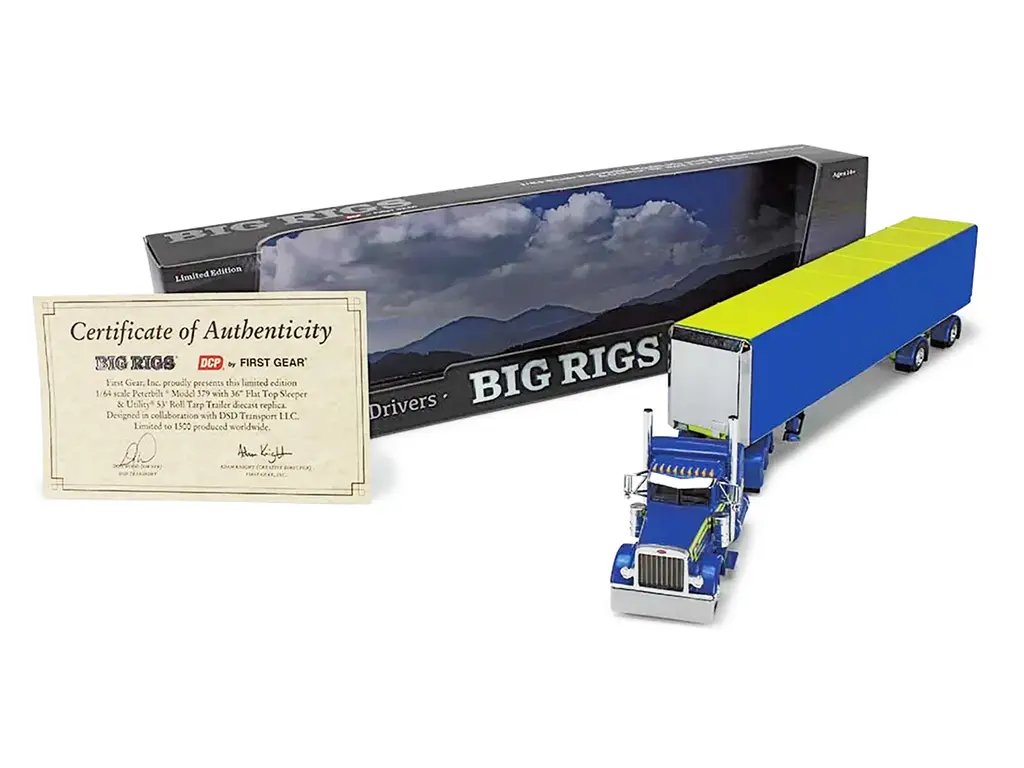 Peterbilt 379 Diecast Model with 53' Trailer - DSD Transport Blue & Yellow 1/64 Scale 3 Peterbilt 379 Diecast Model with 53' Trailer - DSD Transport Blue & Yellow 1/64 Scale - Image 3