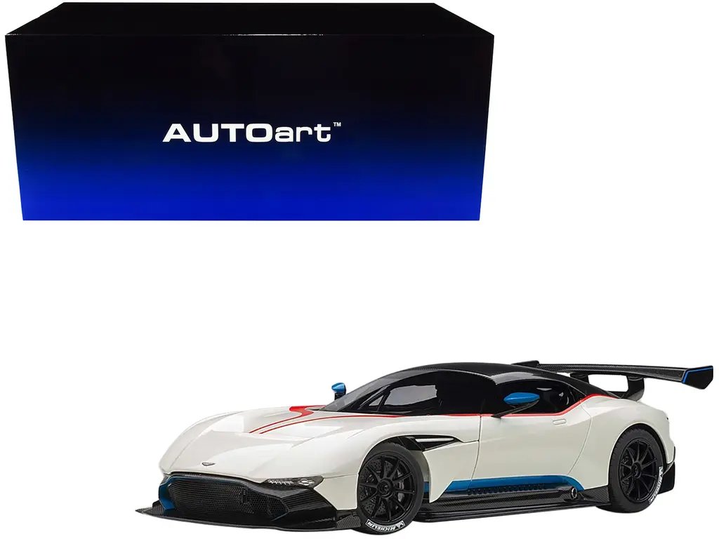 Exclusive Aston Martin Vulcan Stratus White 1/18 Model Car by Autoart with Red & Blue Stripes