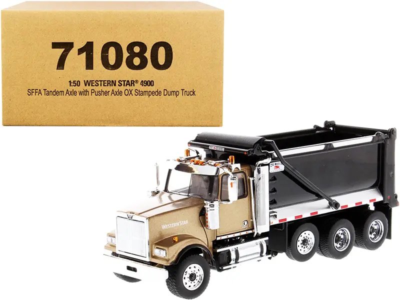 Western Star 4900 SFFA Tandem with Pusher Axle OX Stampede Dump Truck Gold and Black “Transport Series” 1/50 Diecast Model by Diecast Masters