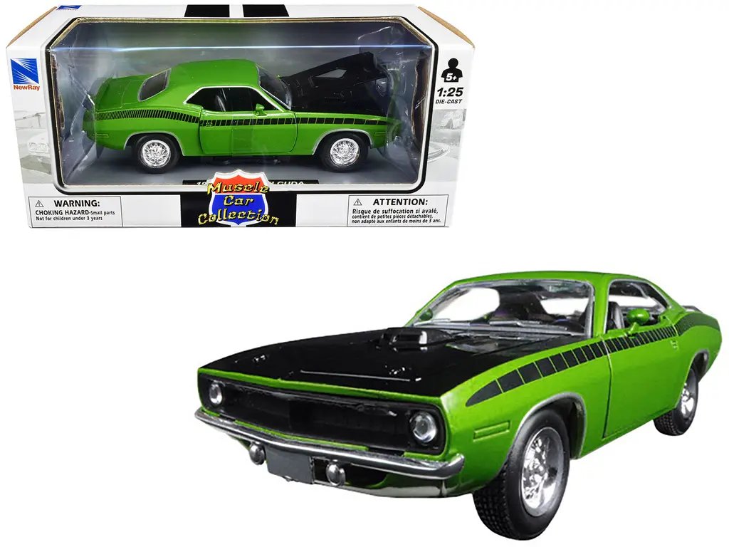 1970 Plymouth Barracuda Diecast Model – Green & Black Muscle Car 1/25 by New Ray
