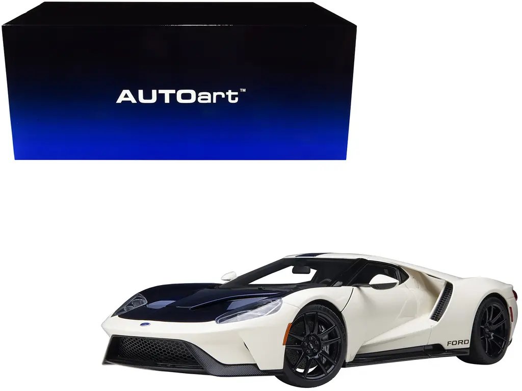 Ford GT Heritage Edition Prototype 1/18 Model Car – Wimbledon White & Antimatter Blue by Autoart