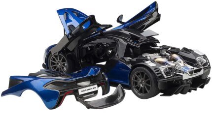Stunning McLaren P1 Azure Blue 1/18 Model Car by Autoart: Metallic Dark Blue & Carbon Fiber Masterpiece