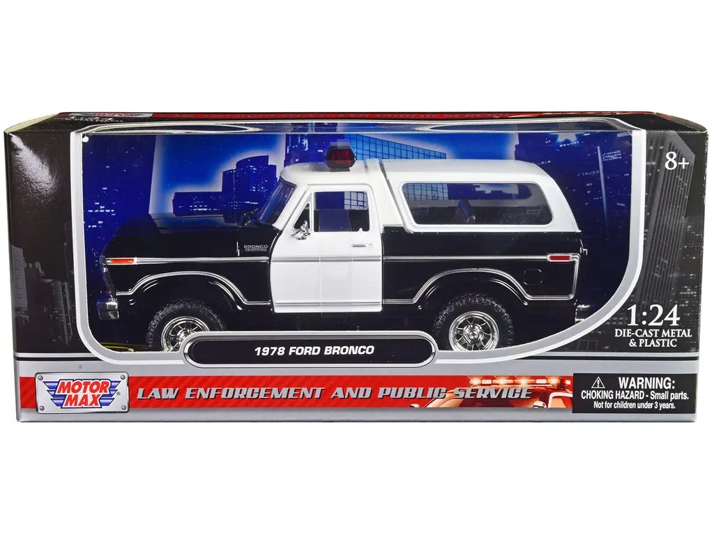 1978 Ford Bronco Police Car Diecast Model 1/24 – Unmarked Black & White by Motormax