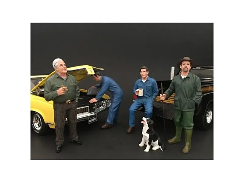 American Diorama 1/18 Scale Mechanics & Customer with Dog Figurine Set – 5 Piece Collection