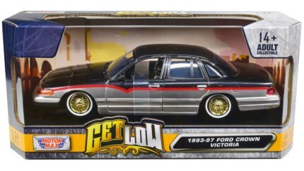 1993-1997 Ford Crown Victoria Lowrider Diecast Model - Black Metallic & Silver with Red Stripes by Motormax
